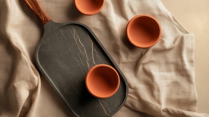 Rustic Wooden Tray with Earthenware Bowls: A Minimalist Kitchen Aesthetic