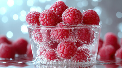 A refreshing image of raspberries in sparkling water