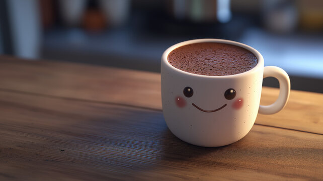 Hot chocolate, a happy hot chocolate, coffee, expresso in a white cup with a smiley face on a rustic wood background a good morning start to the day. Generative ai