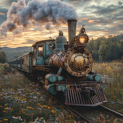 Obraz premium Vintage Steam Locomotive on Railway Tracks Surrounded by Scenic Nature and Dramatic Skies, Classic Travel and Transportation Theme with Nostalgic Design and Industrial Aesthetic