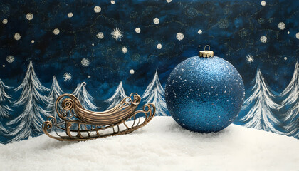 Blue Christmas ball resting on a decorative sleigh placed on a snowy hill  -