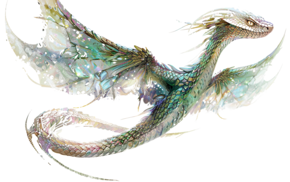 Serpentine Creature with Transparent Wings Resembling a Dragon Isolated on Transparent Background PNG - Powered by Adobe