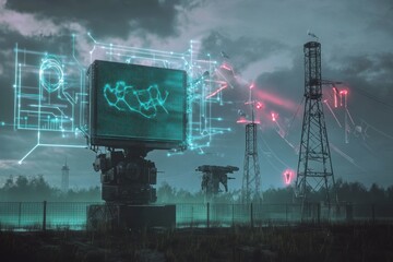 Futuristic technology showcased in a remote tech installation with digital displays and radar towers