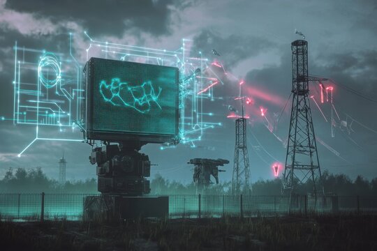 Futuristic technology showcased in a remote tech installation with digital displays and radar towers