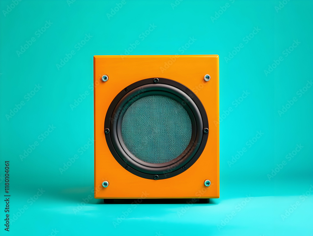 Poster bold orange speaker placed against a turquoise background creating a striking visual statement -