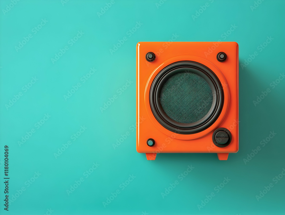 Poster bold orange speaker placed against a turquoise background creating a striking visual statement -