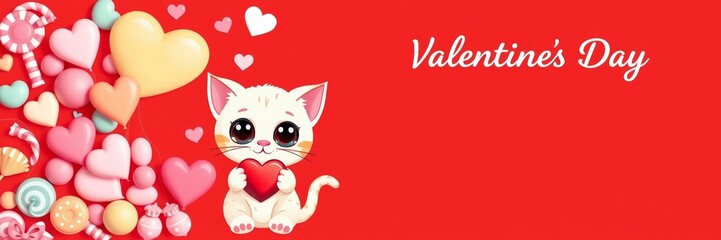 Cute white cat holding a red heart surrounded by colorful candy and hearts, conveying a playful and affectionate mood, set against a vibrant red background