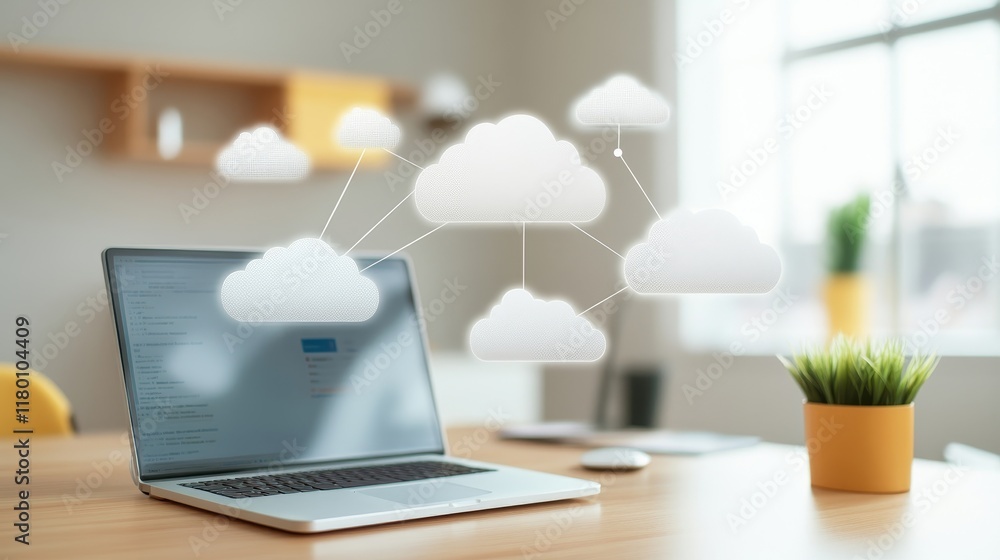 Poster modern workspace featuring a laptop on a wooden table with floating cloud icons representing digital