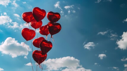 Red heart-shaped balloons with a blue sky in the background