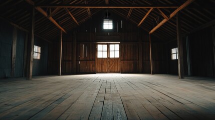 Empty rustic barn interior with wooden walls, floors, and a large double door.  Light streams in from a high window.