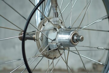 Shiny bicycle wheel hub is showing spokes and rim