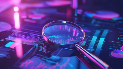 Magnifying glass and documents with analytics data lying on table, selective focus