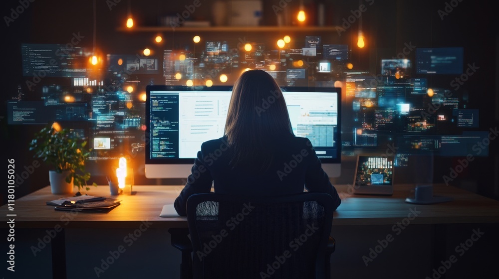 Poster professional woman analyzing data at desk with monitor surrounded by digital interfaces and glowing 