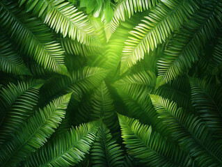 Lush green fern leaves illuminated by soft sunlight, creating serene and vibrant natural pattern