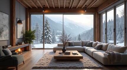 a modern living room with a breathtaking view. A large window wall dominates the space, offering panoramic vistas of snow-capped mountains and a dense forest. 