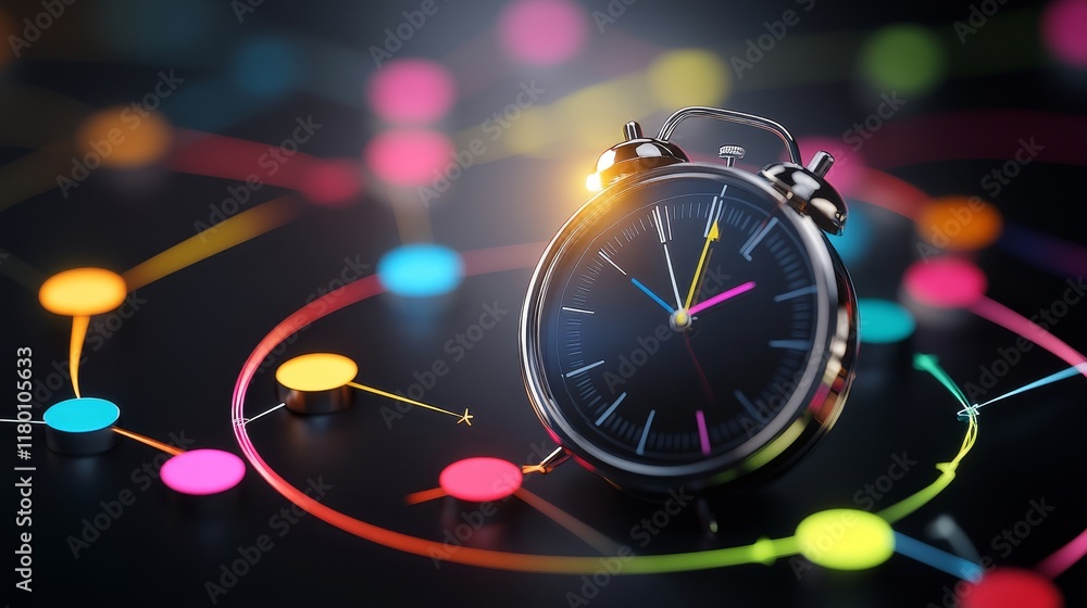Poster close-up of a vintage alarm clock on an abstract colorful background with geometric shapes represent