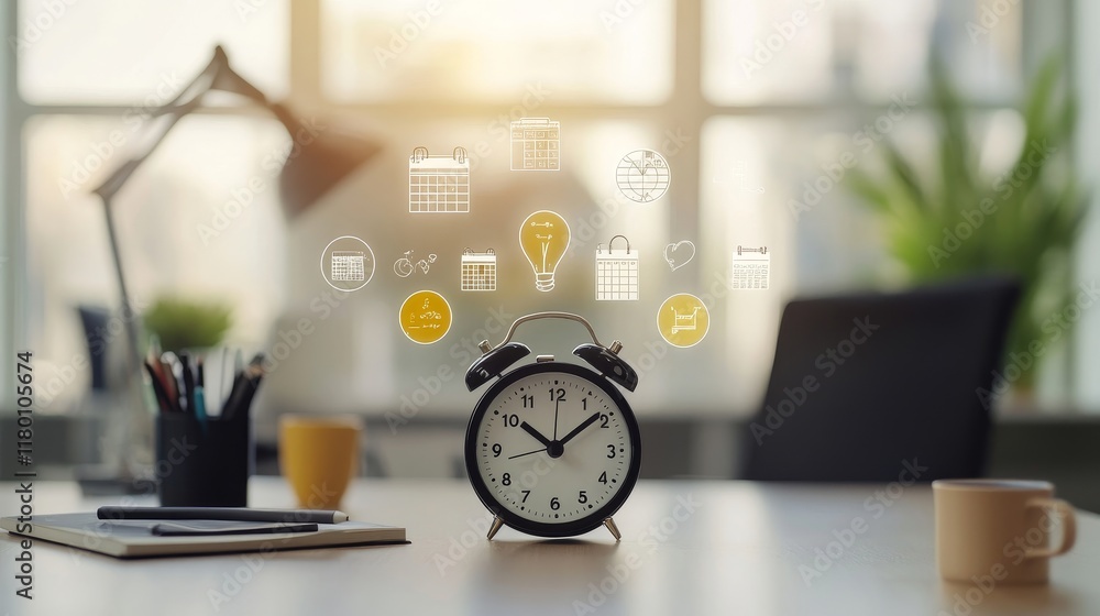 Poster vintage alarm clock on desk with creative icons representing time management and productivity in a m