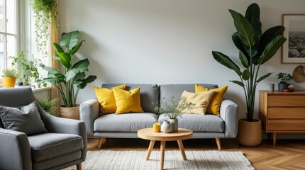a modern living room with a strong emphasis on natural elements. The space features a neutral color palette with a grey sofa, armchair, and rug.