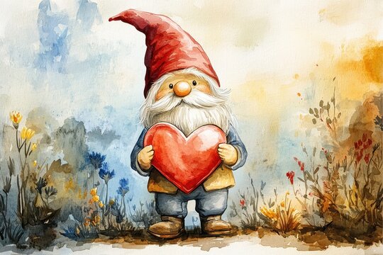 a heart-shaped garden gnome holding a sign of love