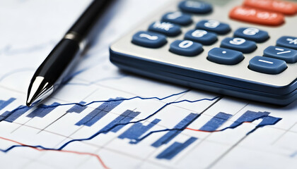 Business Professional Using Graph Reports and Calculator Analyzing Financial Data Performance  -