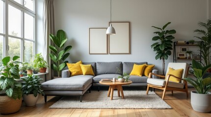 a modern living room with a strong emphasis on natural elements. The space features a neutral color palette with a grey sofa, armchair, and rug.