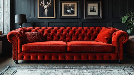 Luxury Red Velvet Chesterfield Sofa in Elegant Dark Interior