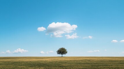 Naklejka premium Lone tree in vast field under a clear blue sky with a single cloud.