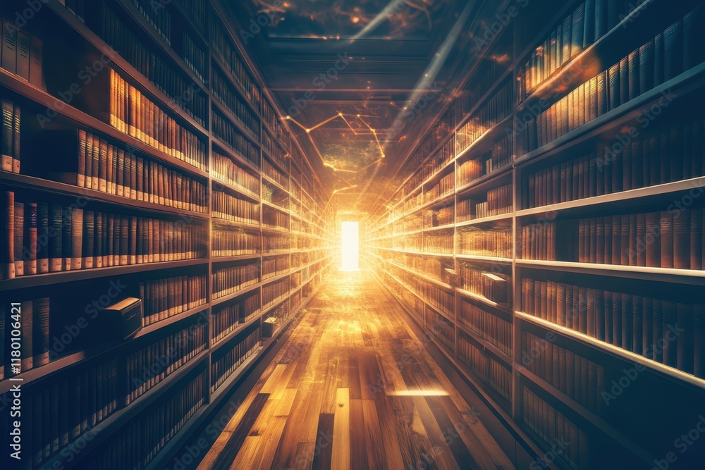 Poster light shining through an open door in a grand library filled with endless books