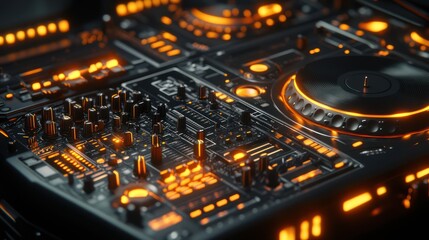 Obraz premium Illuminated DJ console, close-up, studio, orange lights, music production