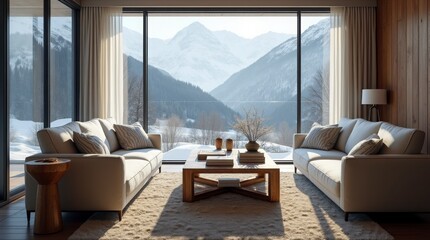 a modern living room with a breathtaking view. A large window wall dominates the space, offering panoramic vistas of snow-capped mountains and a dense forest. 