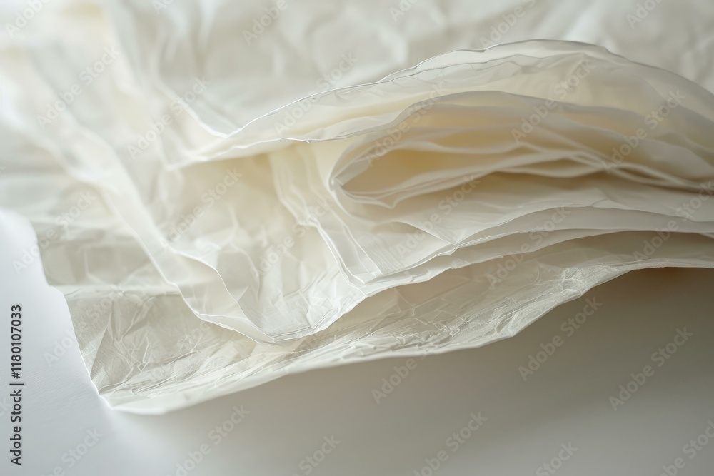 Poster crumpled pieces of white baking paper are overlapping, creating an abstract pattern with their folds