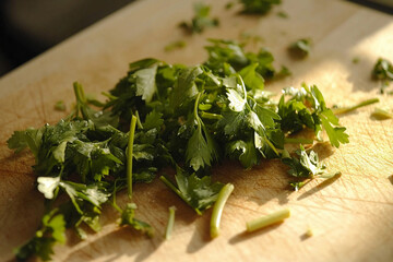 Fresh parsley chopped on a wooden cutting board