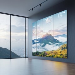 Serene Mountain Landscape with Clouds and Fog Viewed Through Large Glass Windows in a Modern Room Surrounded by Nature's Beauty and Calm Environment