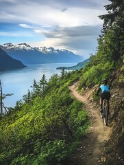 Fototapeta premium A photo of a cyclist navigating a rugged mountain trail with sweeping views.