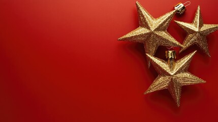 Gold Stars Christmas Decoration on Red Background