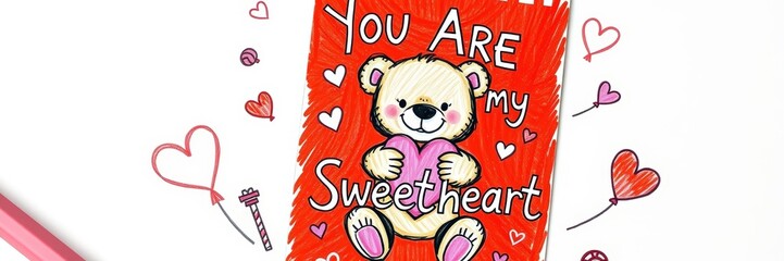 You Are My Sweetheart Card Featuring a Cute Teddy Bear Holding a Heart Conveying Affection and Love Surrounded by Red and Pink Hearts