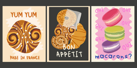 Abstract retro bright posters for the kitchen and cafe. Vintage food decor for wallpaper. Kitchen food art poster. Sweet pastries and desserts banner for wall decor. Macarons, croissants, buns