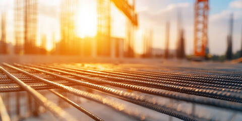 Fototapeta premium Close-up of construction crane lifts a metal bar structure on outdoor construction site