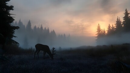 A photo of a deer grazing in a misty meadow at dawn.