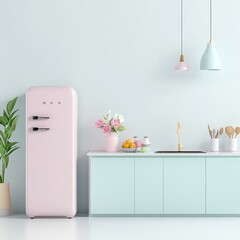 Stylish and Modern Kitchen Interior Featuring Pink Refrigerator, Minimalist Cabinetry, Fresh Fruits, and Elegant Pendant Lighting in Light Blue Setting