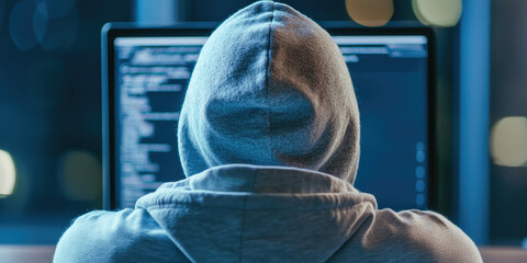 Computer Hacker in Hoodie. Back view. Concept of Hacker Attack, Virus Software. Dark web background...