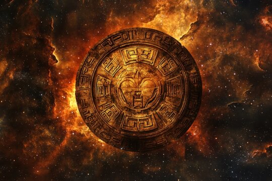 Ancient calendar wheel against a cosmic background highlighting the mysteries of time