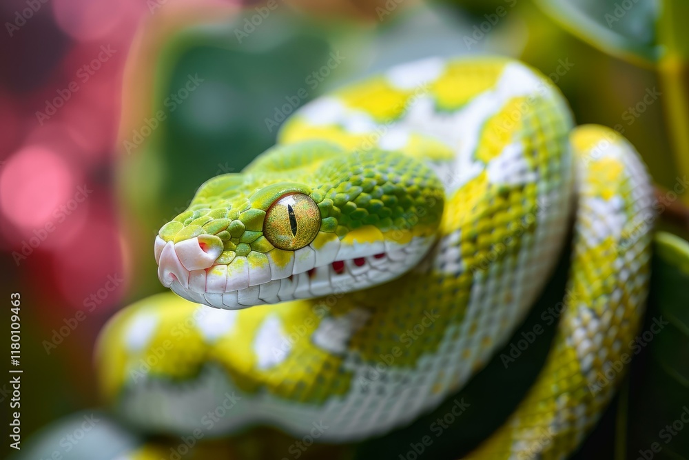 Poster green tree python snake resting on a branch in a lush tropical forest