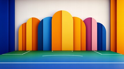 Abstract colorful archway scene with a mini green field. Playful and vibrant design.