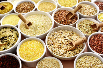 Colorful mix of grain varieties: oat and wheat, rice and millet, buckwheat and barley, quinoa and polenta. Food ingridients for healthy diet background, selective focus