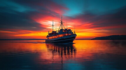 Obraz premium Fishing Boat Returns at Sunset with Vibrant Sky Reflections