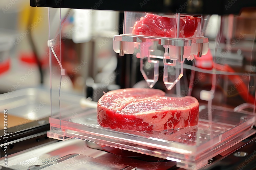 Poster 3d bio printing machine is creating cultured meat in a laboratory
