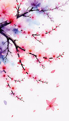Cherry blossom branches with pink flowers and purple watercolor splashes
