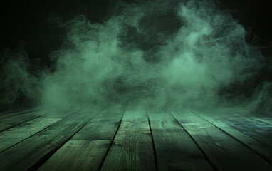 Green Mist Rising from a Wooden Floor in a Dark Environment, Creating a Mysterious and Eerie Atmosphere for Fantasy, Horror, or Dramatic Backgrounds