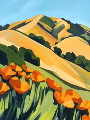 Vibrant orange California poppies blooming in a lush green meadow against a backdrop of sun-drenched rolling hills under a clear blue sky.